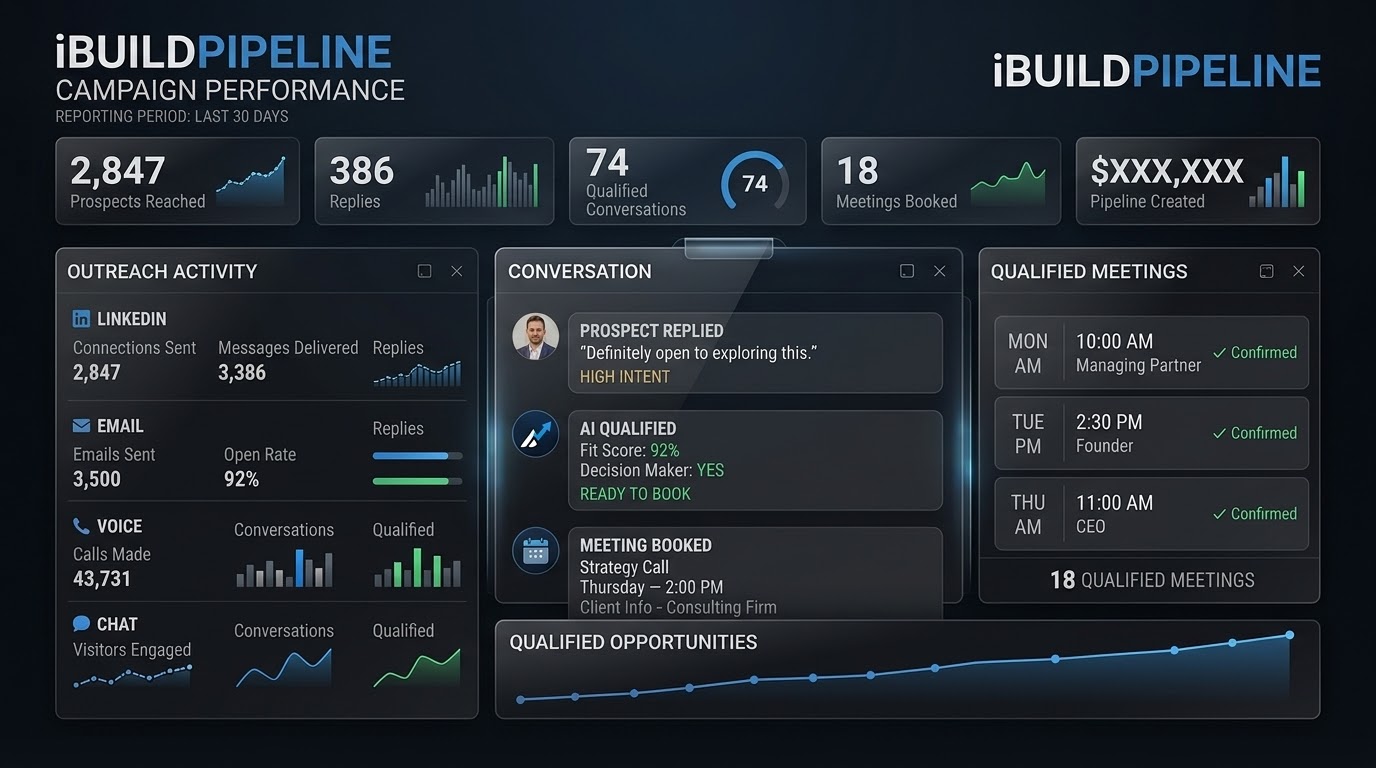iBuildPipeline campaign performance dashboard showing outreach activity, conversations, and qualified meetings